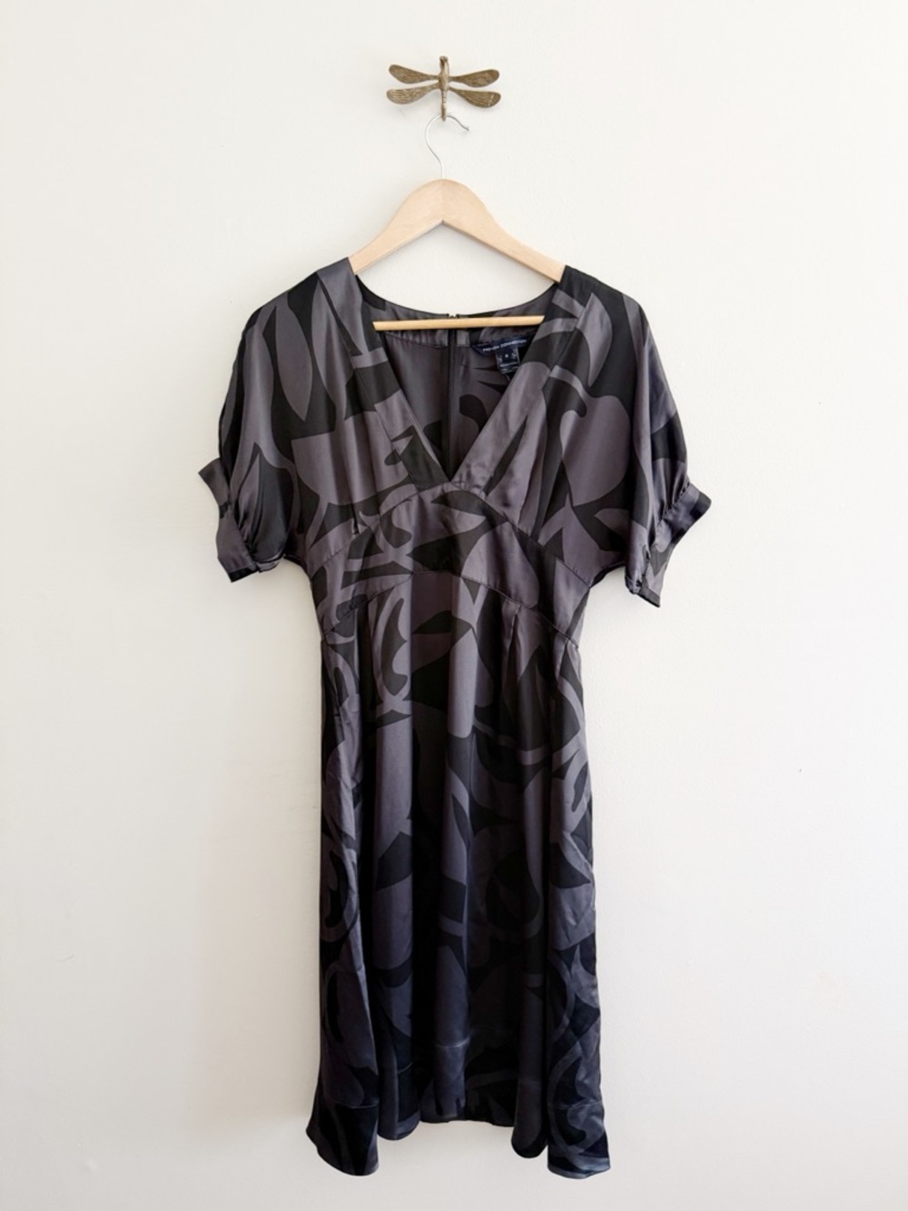 French Connection Silk Abstract Botanical Print Black & Grey Dress size 6